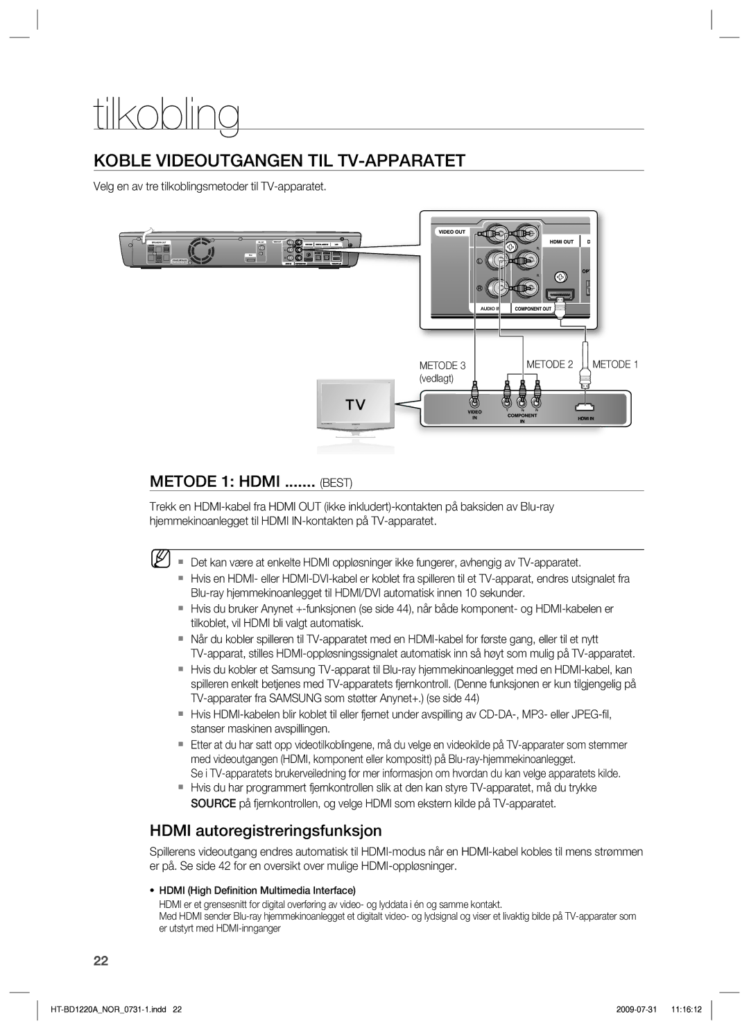 Samsung HT-BD1220R/XEE manual Koble Videoutgangen TIL TV-APPARATET, Hdmi autoregistreringsfunksjon, Best 