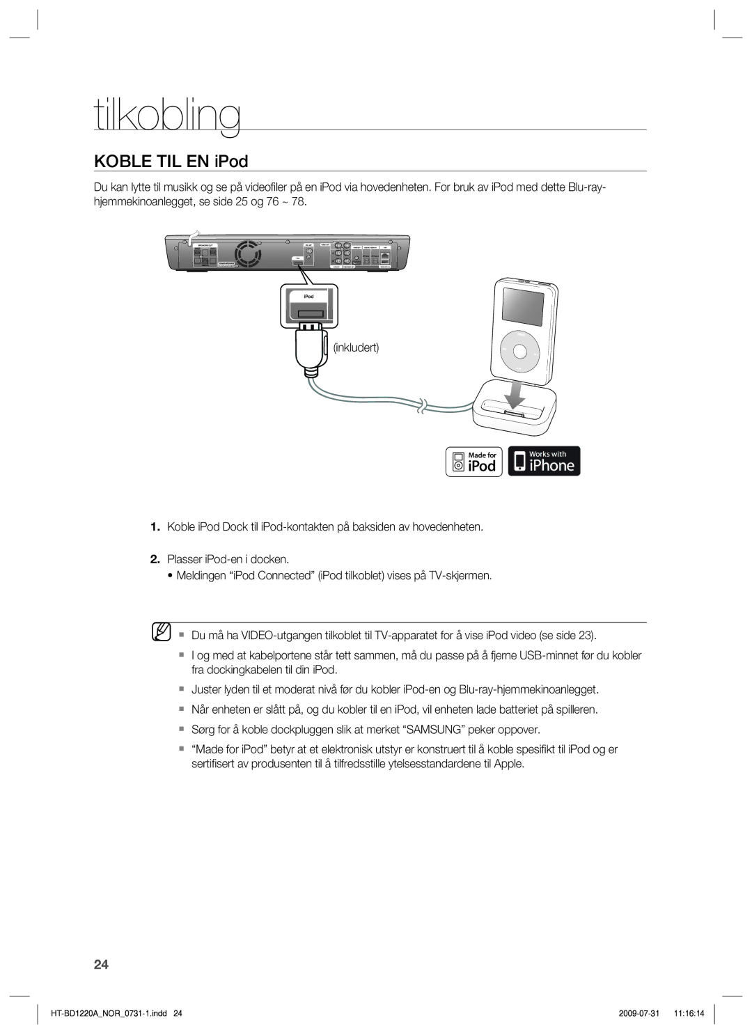 Samsung HT-BD1220R/XEE manual Koble TIL EN iPod 