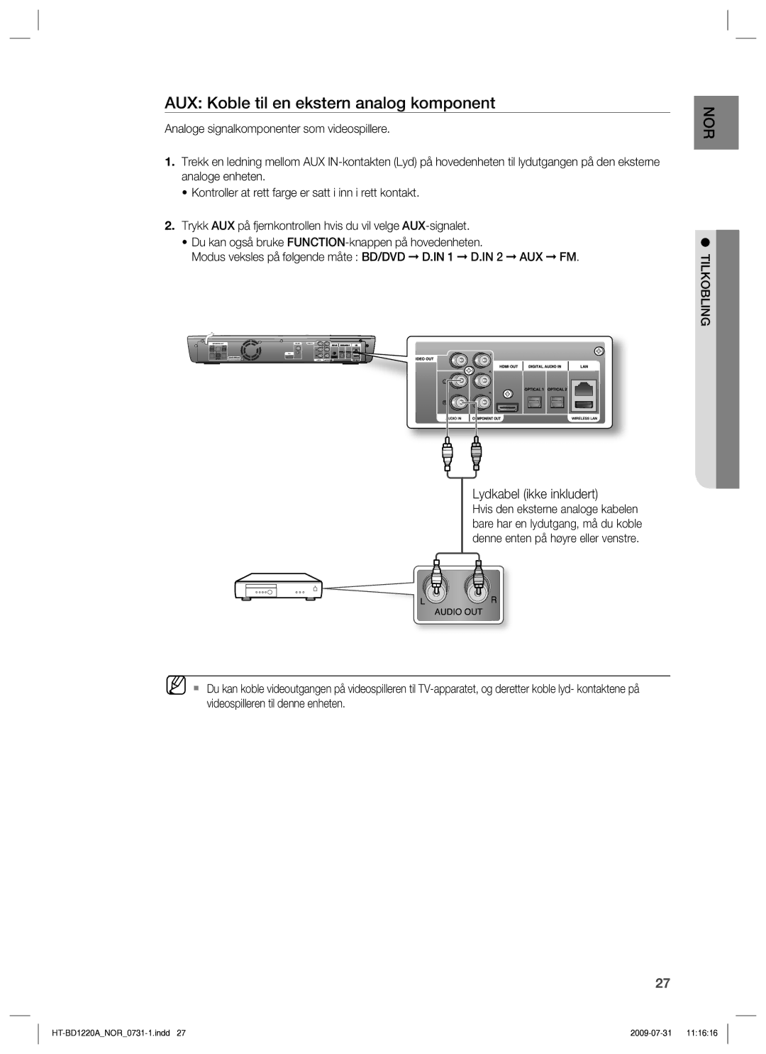 Samsung HT-BD1220R/XEE manual AUX Koble til en ekstern analog komponent, Lydkabel ikke inkludert 