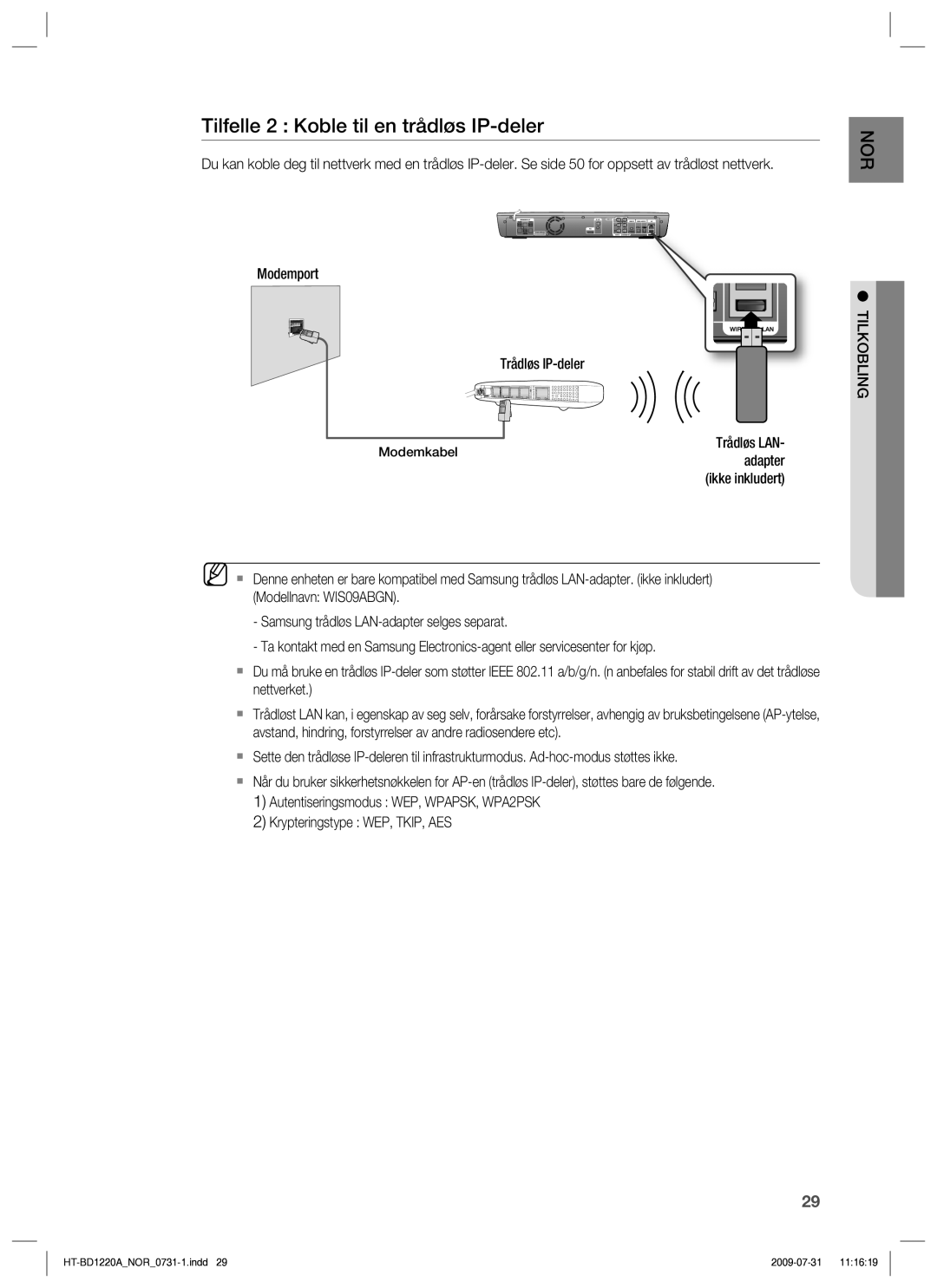 Samsung HT-BD1220R/XEE manual Tilfelle 2 Koble til en trådløs IP-deler, Trådløs LAN, Krypteringstype WEP, TKIP, AES 