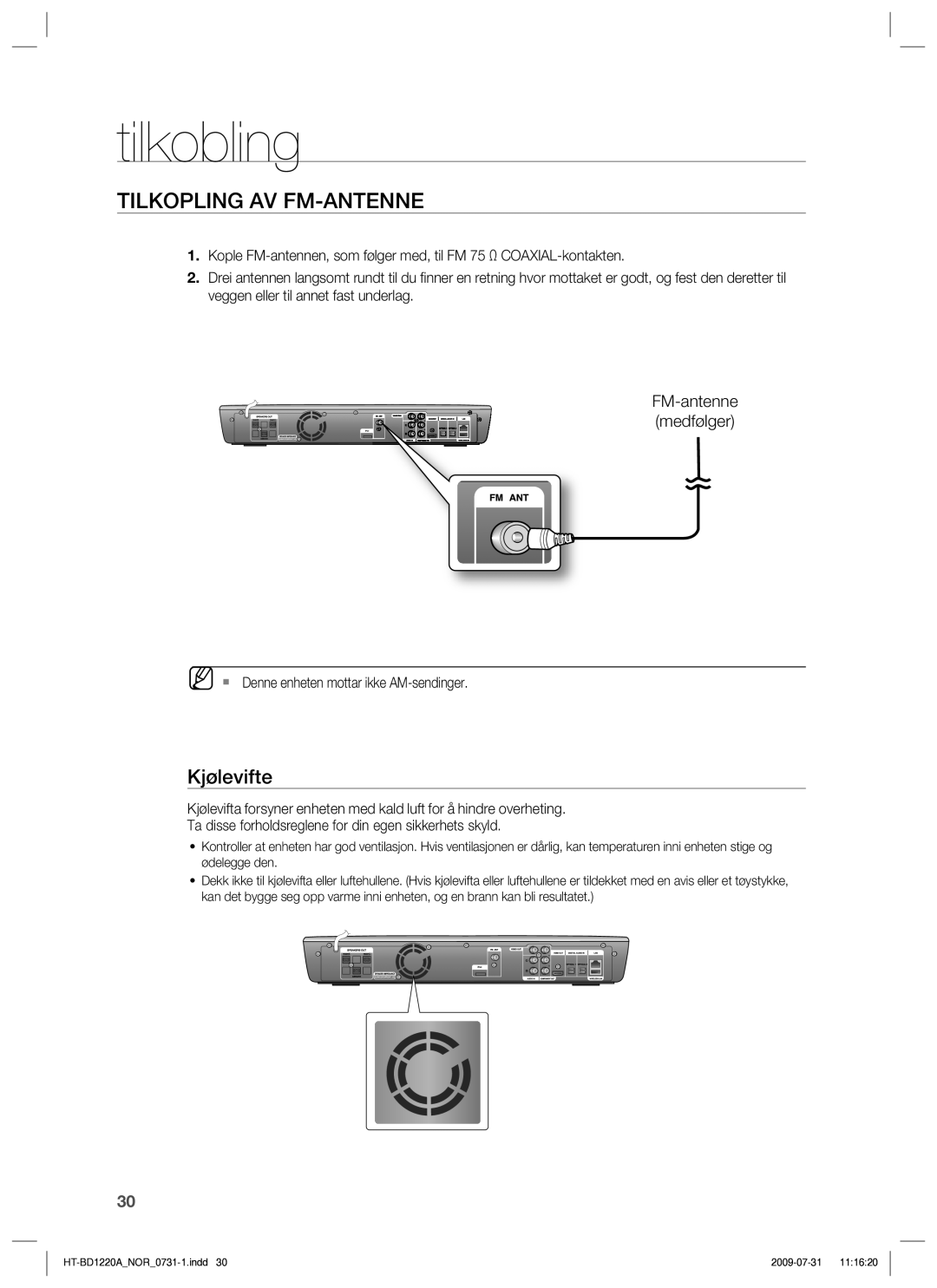 Samsung HT-BD1220R/XEE manual Tilkopling AV FM-ANTENNE, Kjølevifte, FM-antenne medfølger 