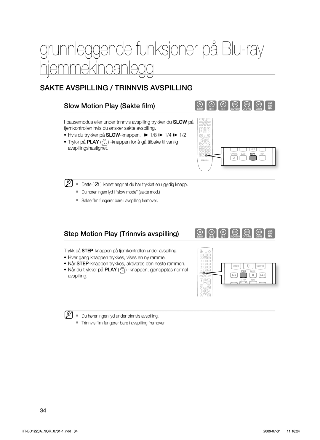 Samsung HT-BD1220R/XEE manual Sakte Avspilling / Trinnvis Avspilling, Slow Motion Play Sakte ﬁlm 