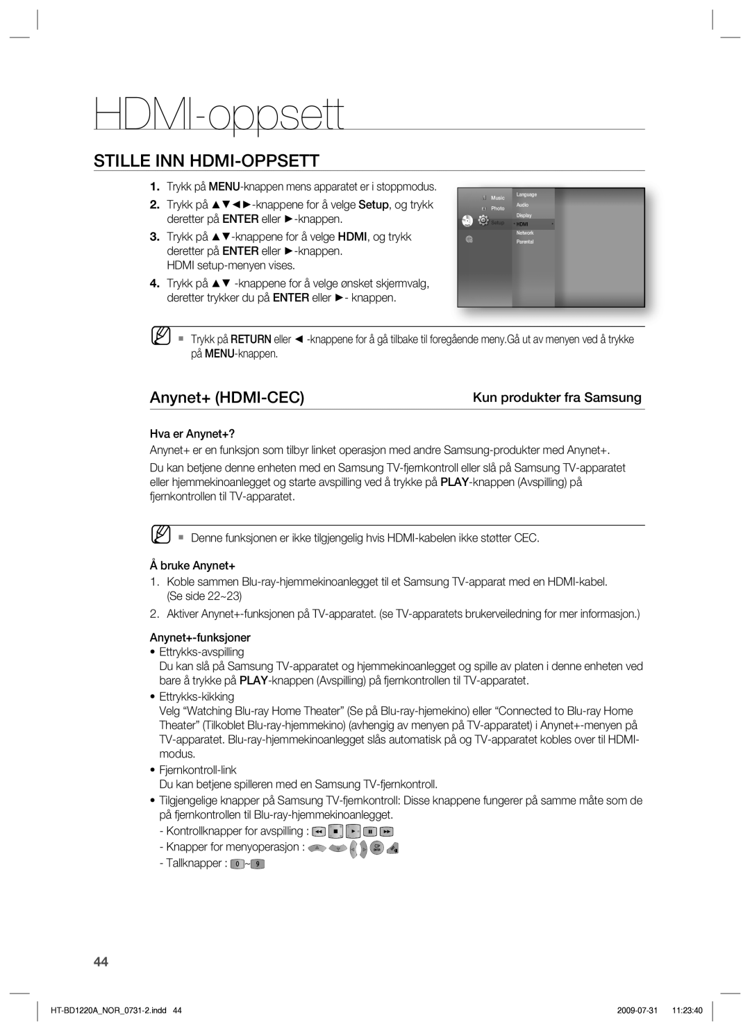 Samsung HT-BD1220R/XEE manual HDMI-oppsett, Stille INN HDMI-OPPSETT, Anynet+ HDMI-CEC, Kun produkter fra Samsung 