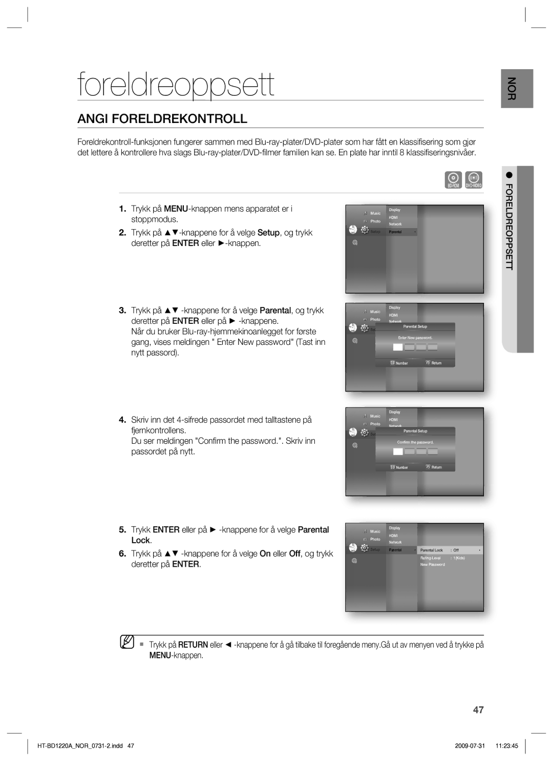 Samsung HT-BD1220R/XEE manual Foreldreoppsett, Angi Foreldrekontroll 