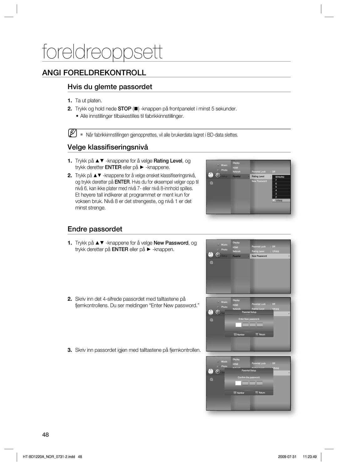 Samsung HT-BD1220R/XEE manual Hvis du glemte passordet, Velge klassiﬁseringsnivå, Endre passordet 