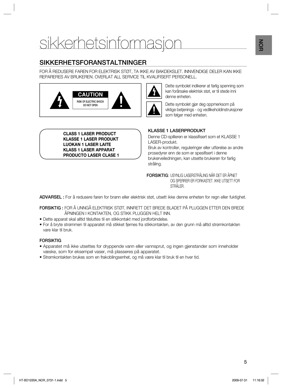 Samsung HT-BD1220R/XEE manual Sikkerhetsinformasjon, Sikkerhetsforanstaltninger, Klasse 1 Laserprodukt, Forsiktig 