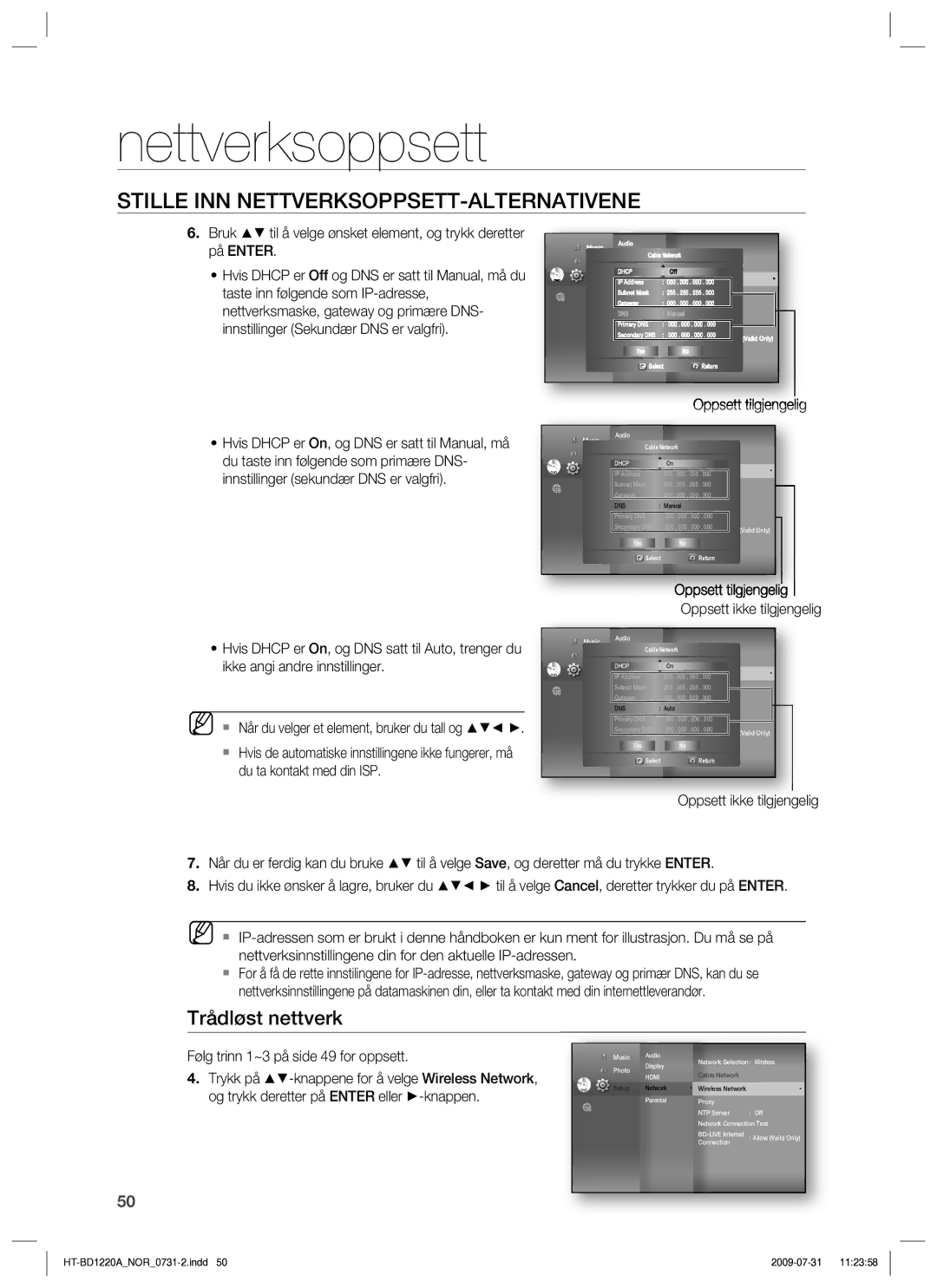 Samsung HT-BD1220R/XEE manual Trådløst nettverk, Oppsett tilgjengelig, Følg trinn 1~3 på side 49 for oppsett 