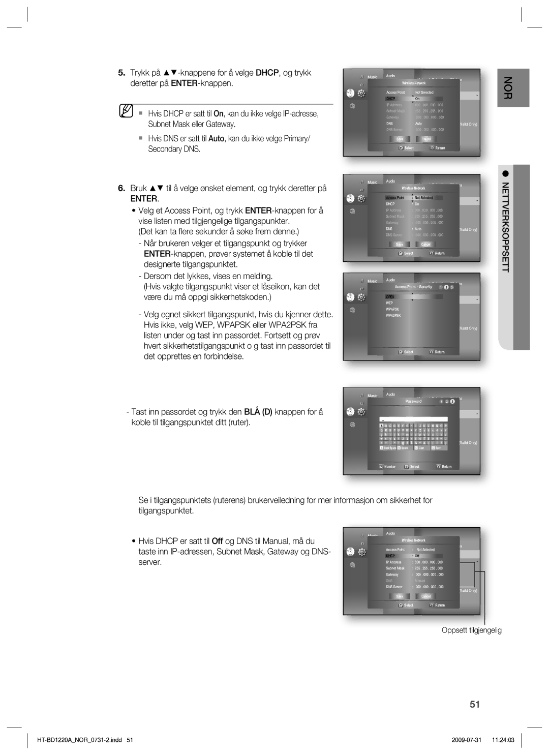 Samsung HT-BD1220R/XEE manual Enter, Nettverksoppsett 