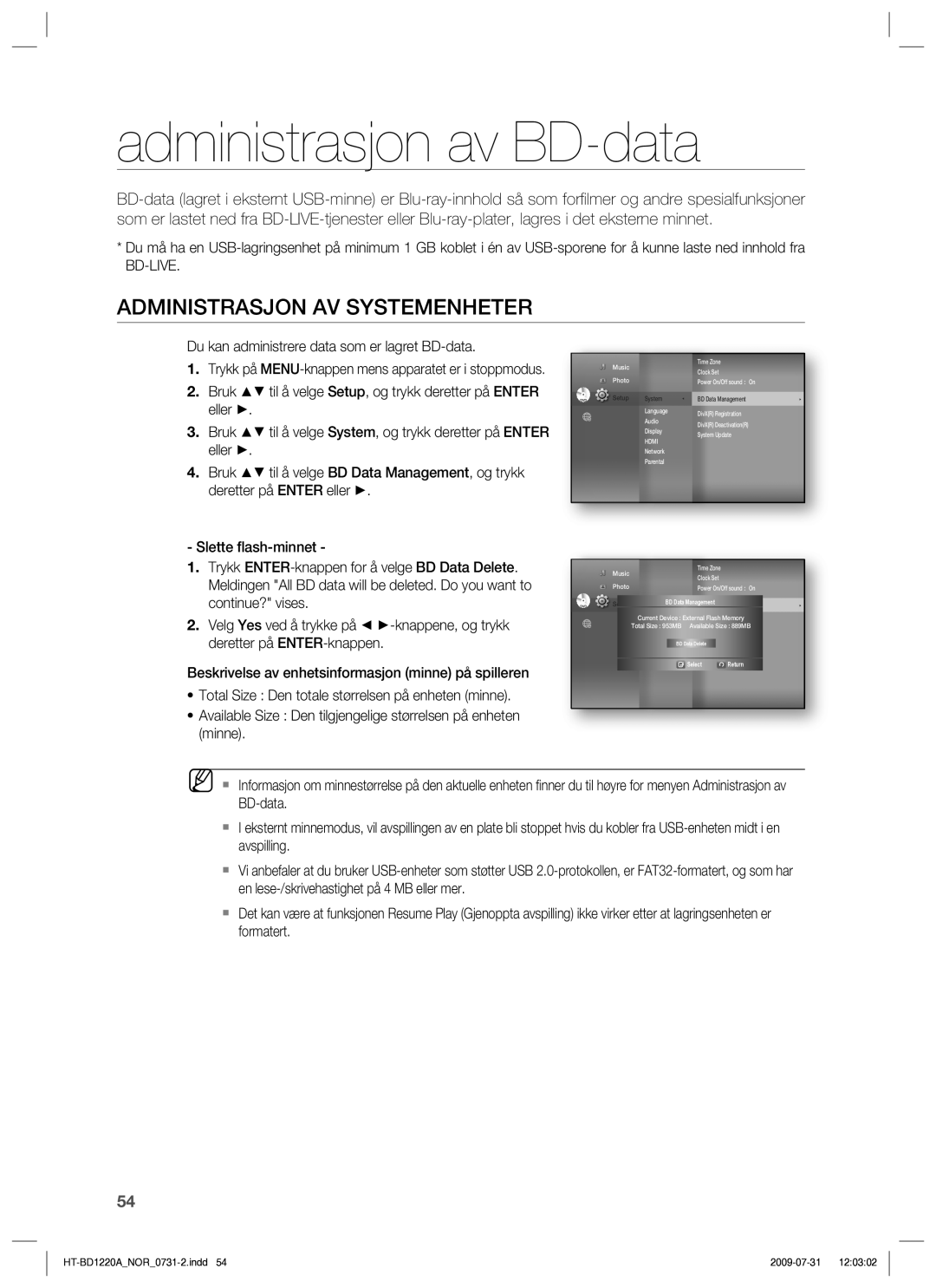 Samsung HT-BD1220R/XEE manual Administrasjon av BD-data, Administrasjon AV Systemenheter 