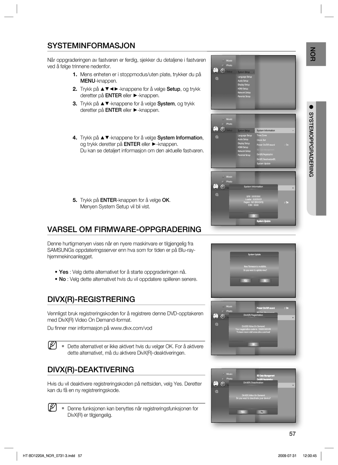 Samsung HT-BD1220R/XEE manual Systeminformasjon, Varsel OM FIRMWARE-OPPGRADERING, Divxr-Registrering, Divxr-Deaktivering 