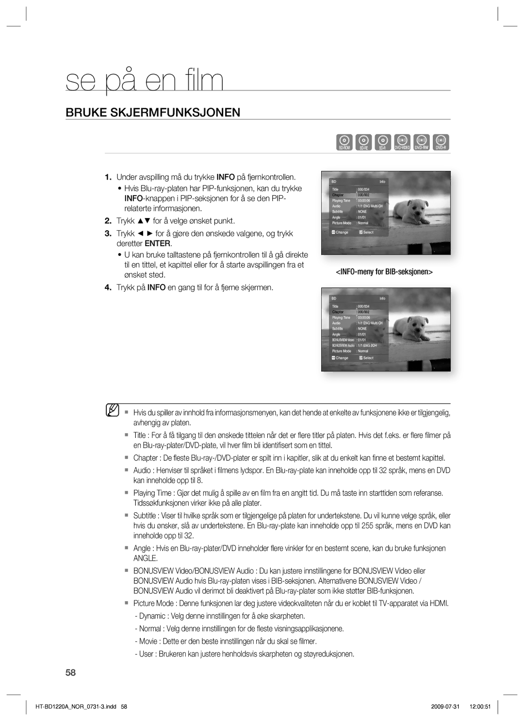 Samsung HT-BD1220R/XEE manual Se på en ﬁ lm, Bruke Skjermfunksjonen, INFO-meny for BIB-seksjonen, Angle 