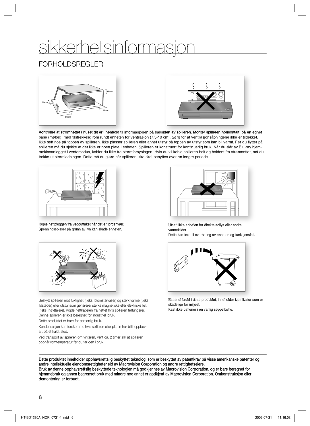 Samsung HT-BD1220R/XEE manual Forholdsregler 