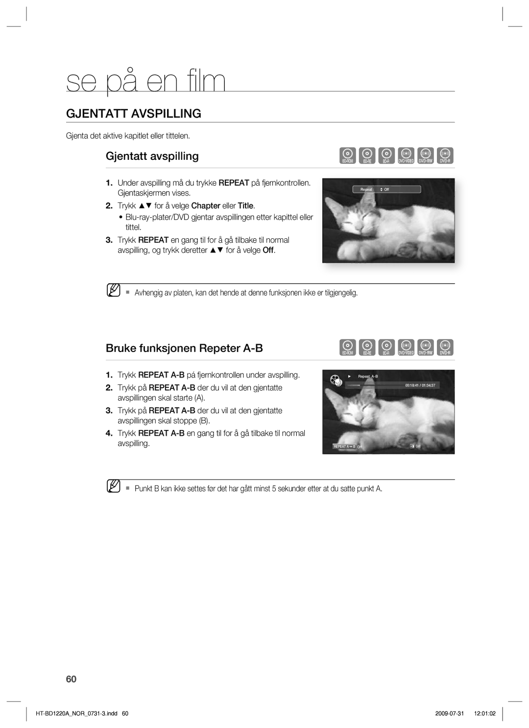 Samsung HT-BD1220R/XEE manual Gjentatt Avspilling, Gjentatt avspilling, Bruke funksjonen Repeter A-B 