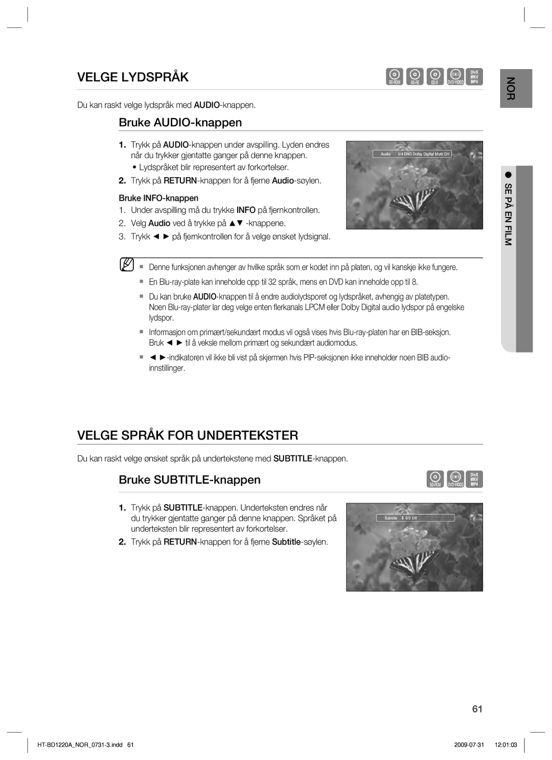 Samsung HT-BD1220R/XEE manual Velge Lydspråk, Velge Språk for Undertekster, Bruke AUDIO-knappen, Bruke SUBTITLE-knappen 