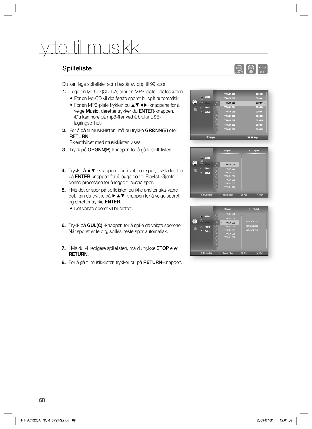 Samsung HT-BD1220R/XEE manual Spilleliste, Return 