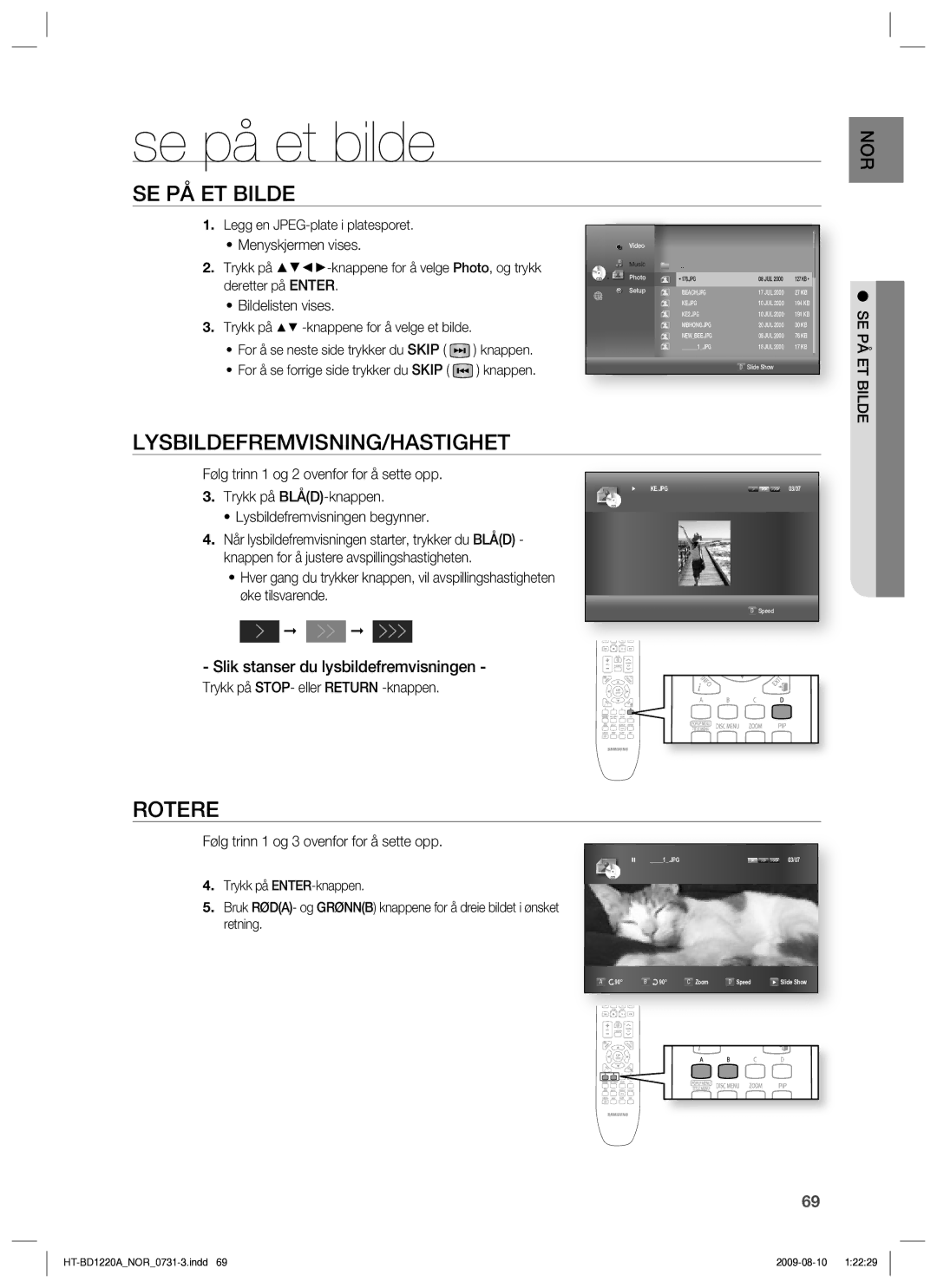 Samsung HT-BD1220R/XEE manual Se på et bilde, SE PÅ ET Bilde, Lysbildefremvisning/Hastighet, Rotere 