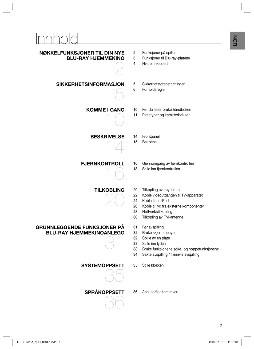 Samsung HT-BD1220R/XEE manual Innhold 