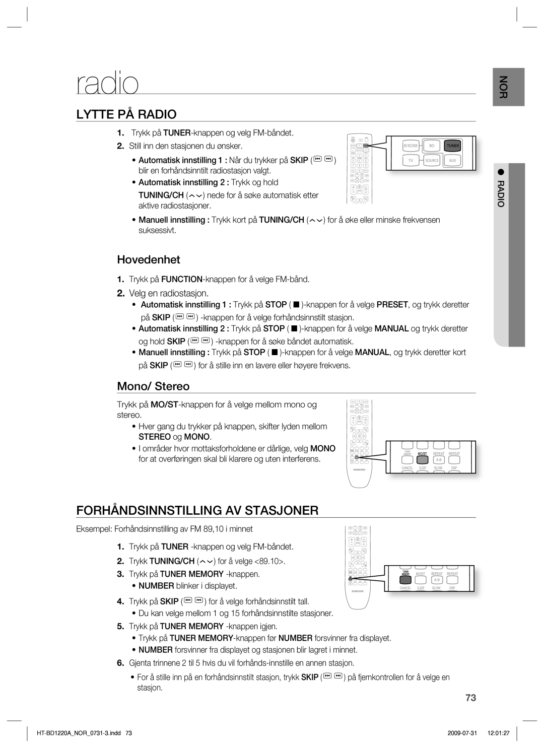 Samsung HT-BD1220R/XEE manual Lytte PÅ Radio, Forhåndsinnstilling AV Stasjoner, Hovedenhet, Mono/ Stereo 