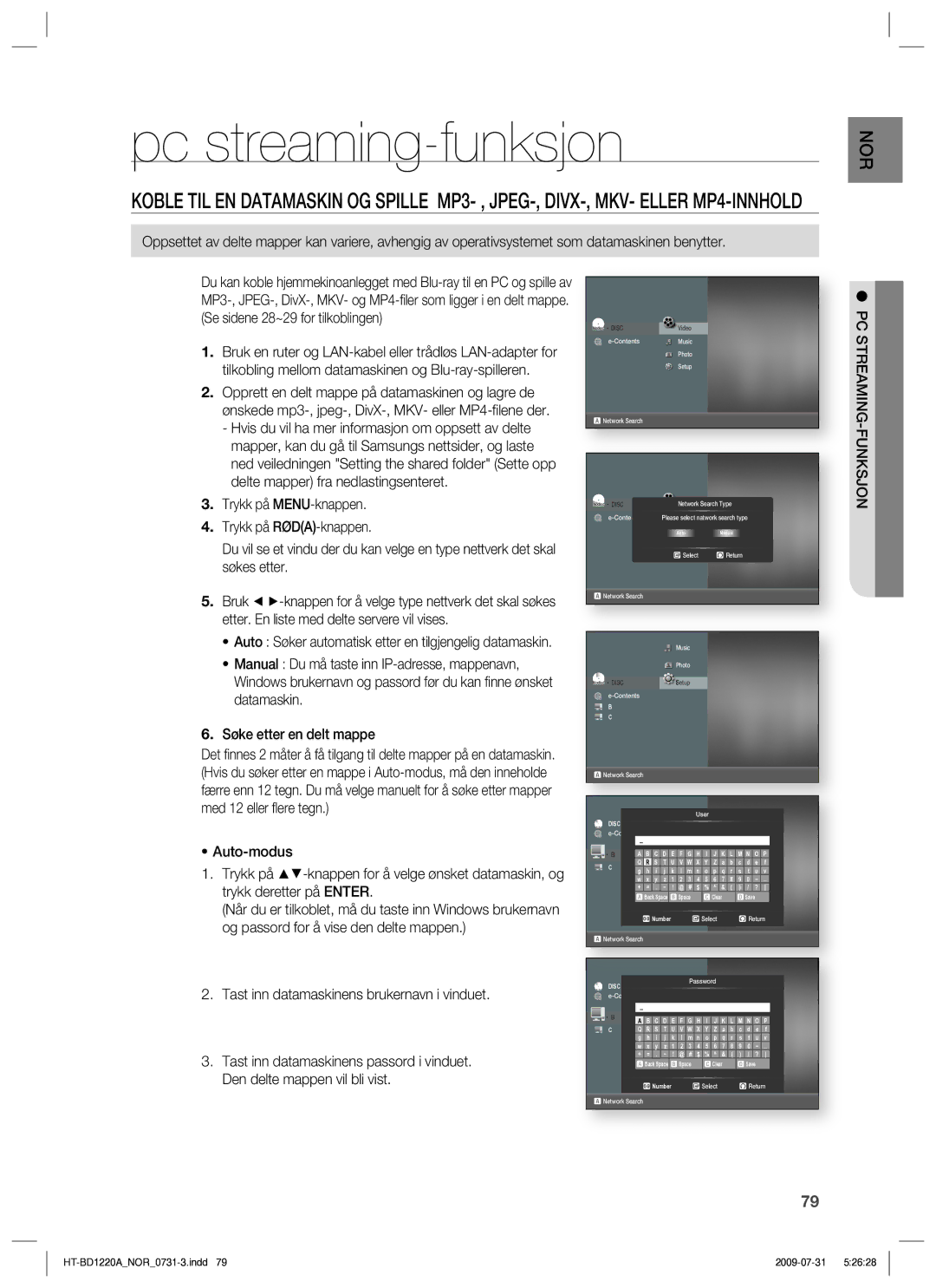 Samsung HT-BD1220R/XEE manual Pc streaming-funksjon, Pc Streaming-Funksjon 