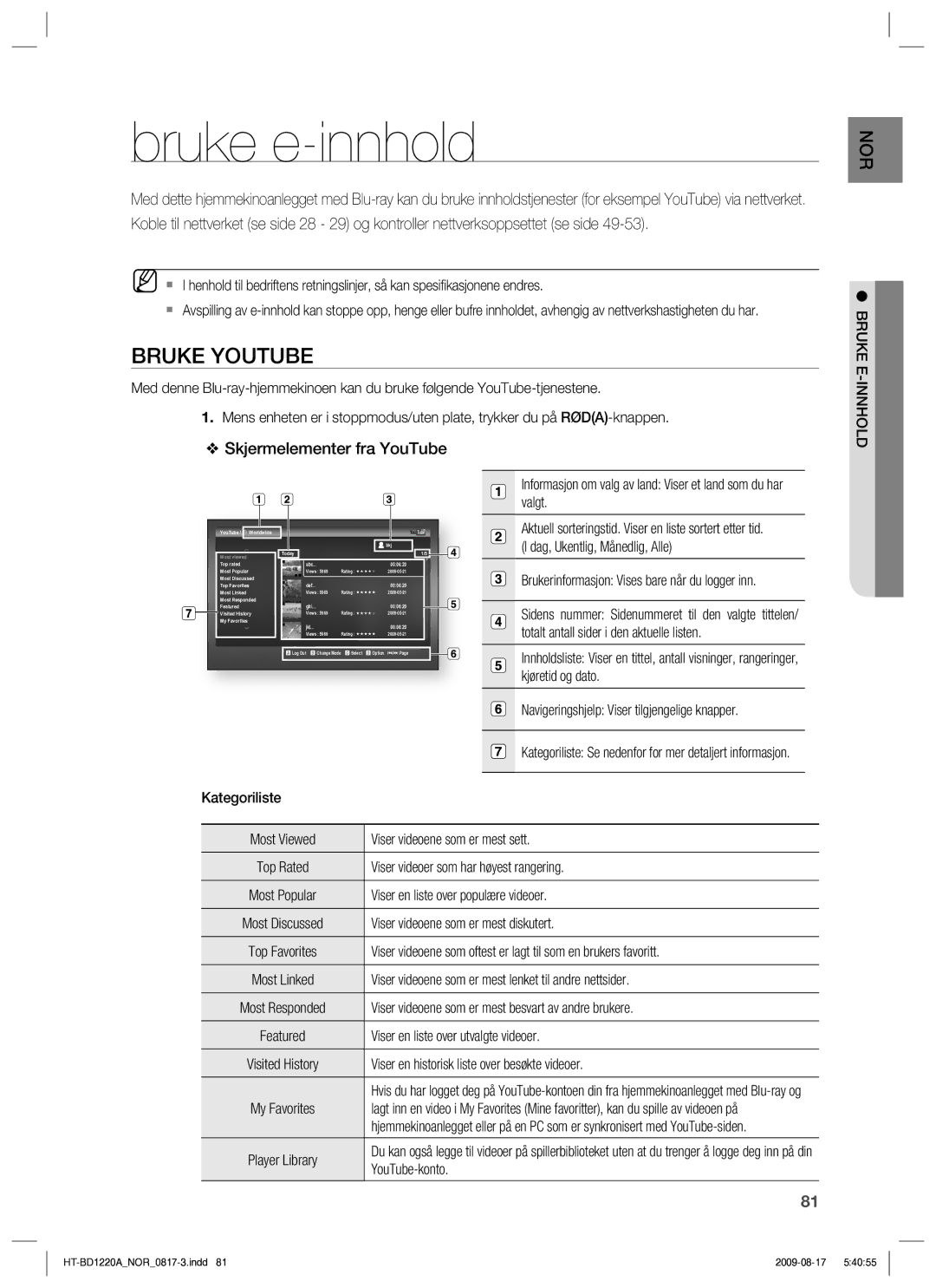 Samsung HT-BD1220R/XEE manual Bruke e-innhold, Bruke Youtube, Skjermelementer fra YouTube, Bruke E-INNHOLD 