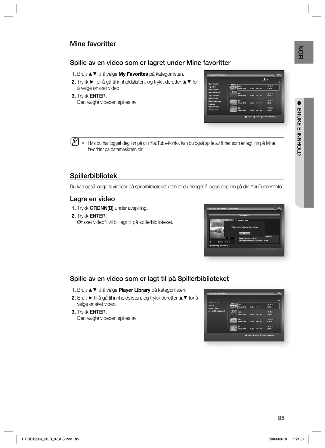 Samsung HT-BD1220R/XEE manual Mine favoritter, Spillerbibliotek, Bruke E, Innhold 