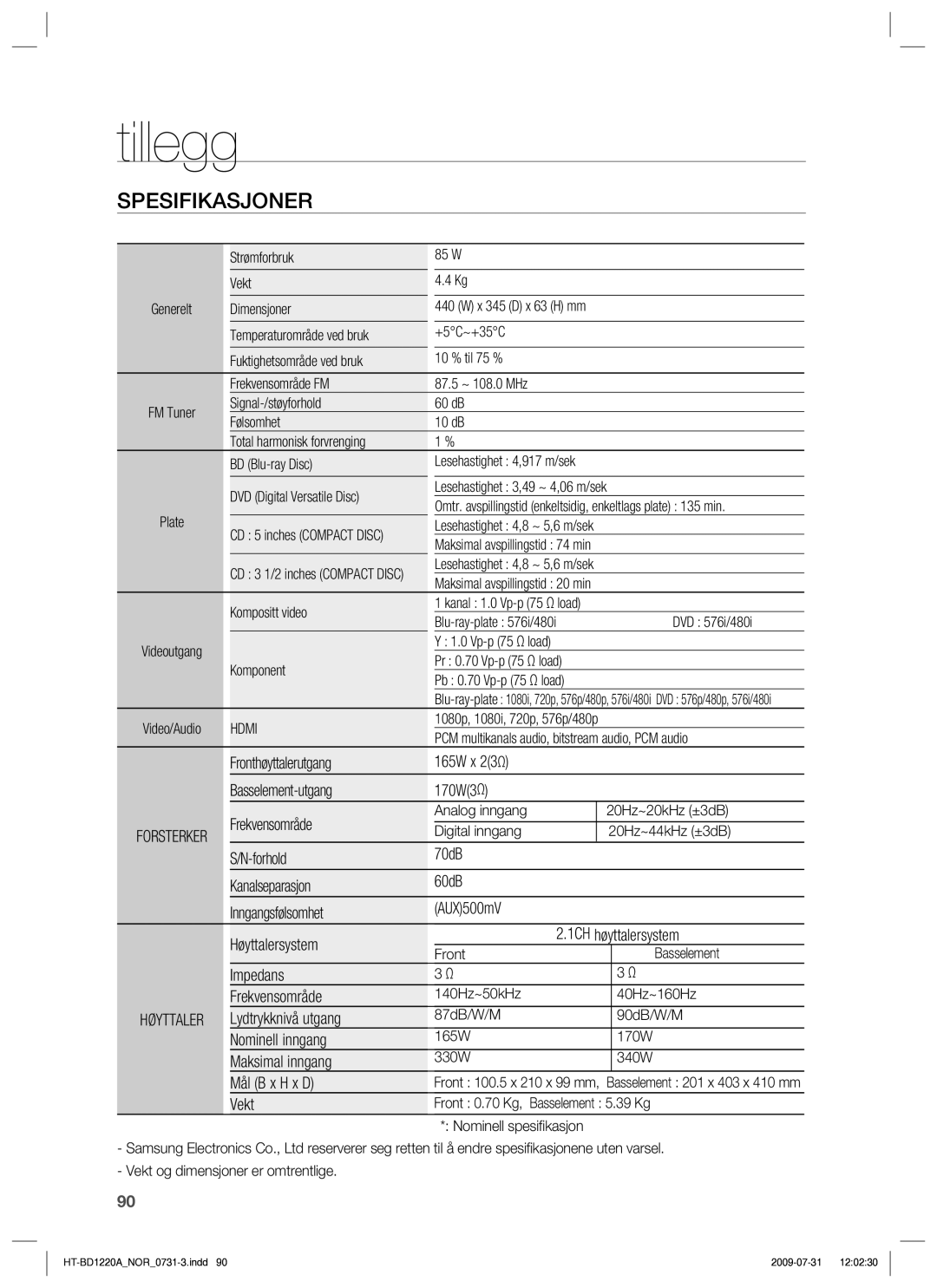 Samsung HT-BD1220R/XEE manual Spesifikasjoner 