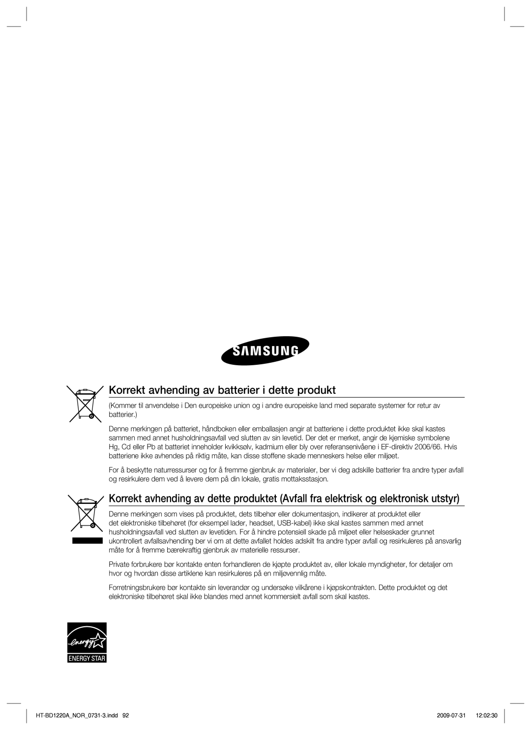 Samsung HT-BD1220R/XEE manual Korrekt avhending av batterier i dette produkt 