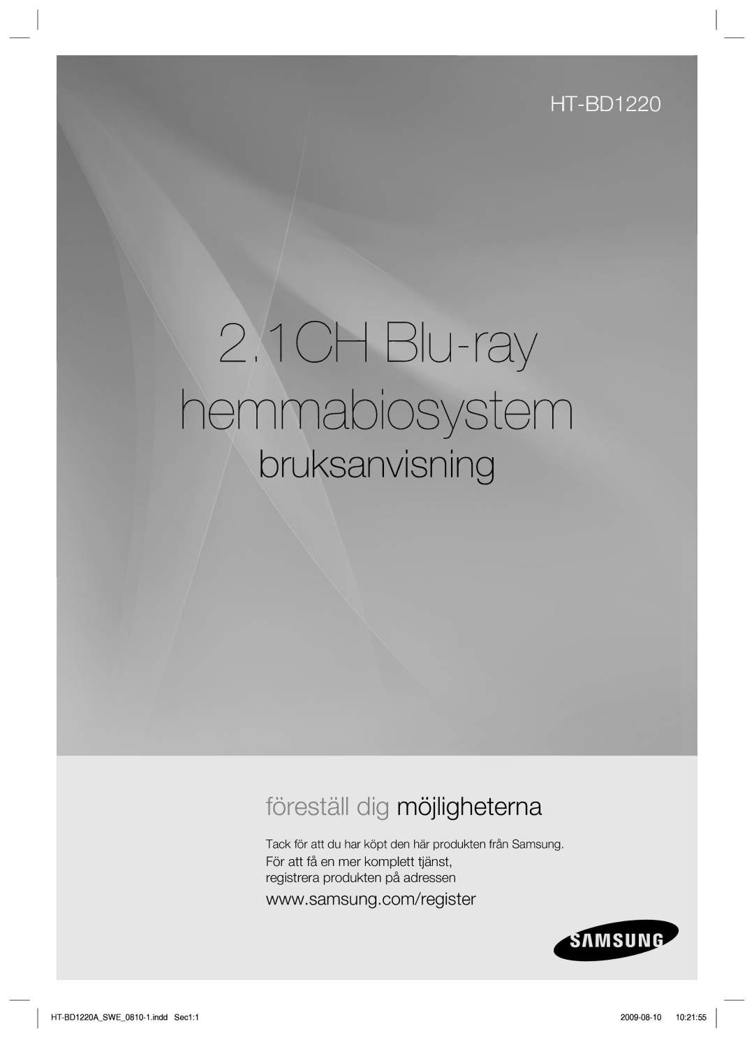 Samsung HT-BD1220R/XEE manual 1CH Blu-ray Hemmabiosystem, Tack för att du har köpt den här produkten från Samsung 