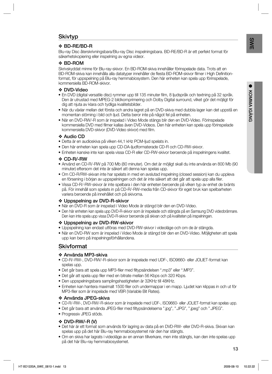 Samsung HT-BD1220R/XEE manual Skivtyp, Skivformat 