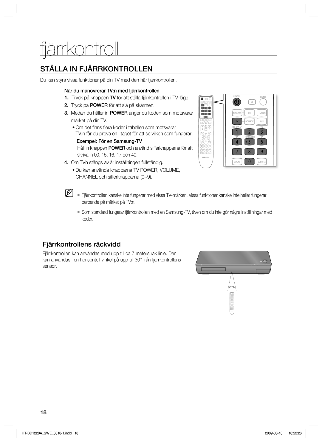 Samsung HT-BD1220R/XEE Ställa in Fjärrkontrollen, Fjärrkontrollens räckvidd, Om TVn stängs av är inställningen fullständig 