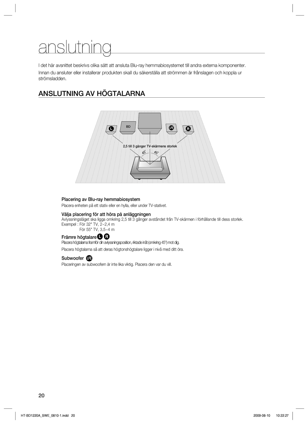 Samsung HT-BD1220R/XEE manual Anslutning AV Högtalarna 