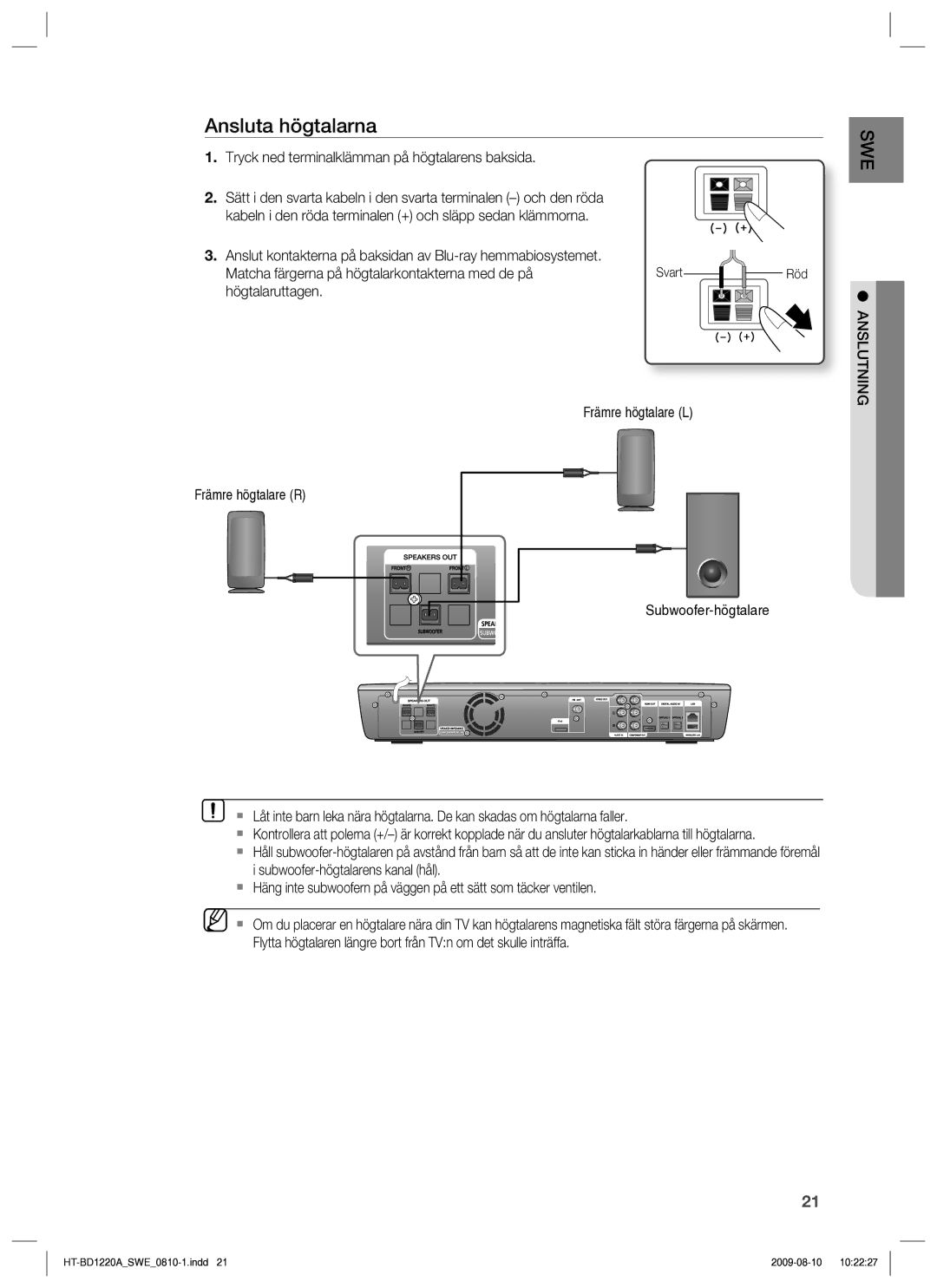 Samsung HT-BD1220R/XEE manual Ansluta högtalarna, Tryck ned terminalklämman på högtalarens baksida 