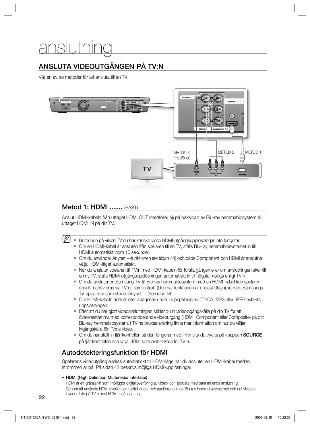 Samsung HT-BD1220R/XEE manual Ansluta Videoutgången PÅ TVN, Metod 1 Hdmi, Autodetekteringsfunktion för Hdmi, Bäst 