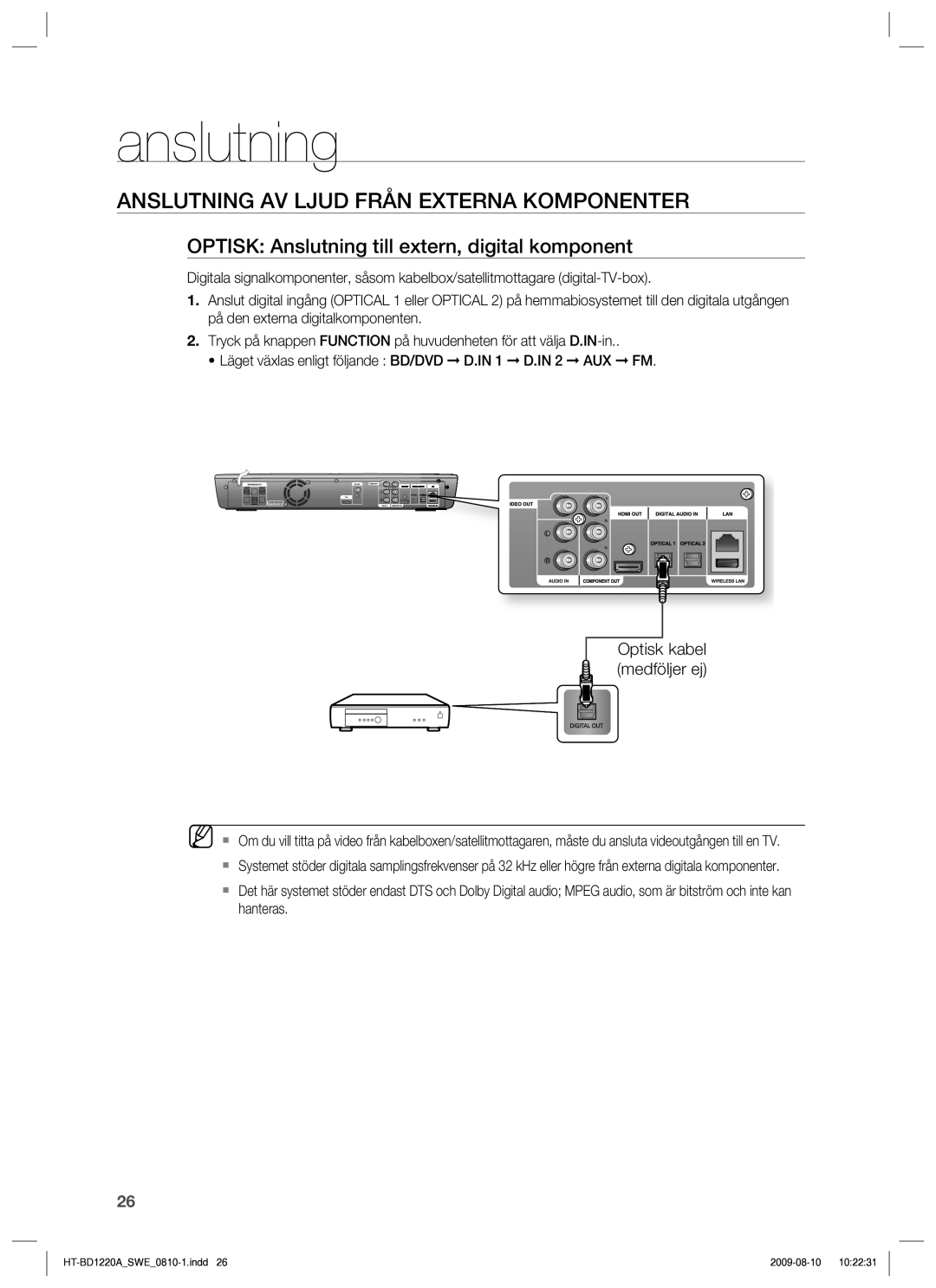 Samsung HT-BD1220R/XEE manual Anslutning AV Ljud Från Externa Komponenter, Optisk Anslutning till extern, digital komponent 