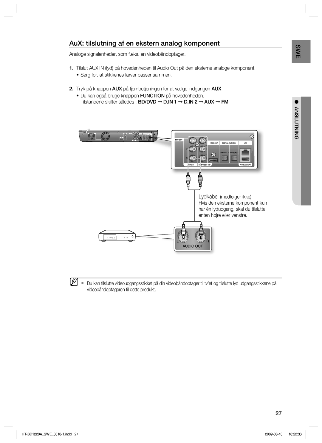 Samsung HT-BD1220R/XEE manual AuX tilslutning af en ekstern analog komponent, Lydkabel medfølger ikke 