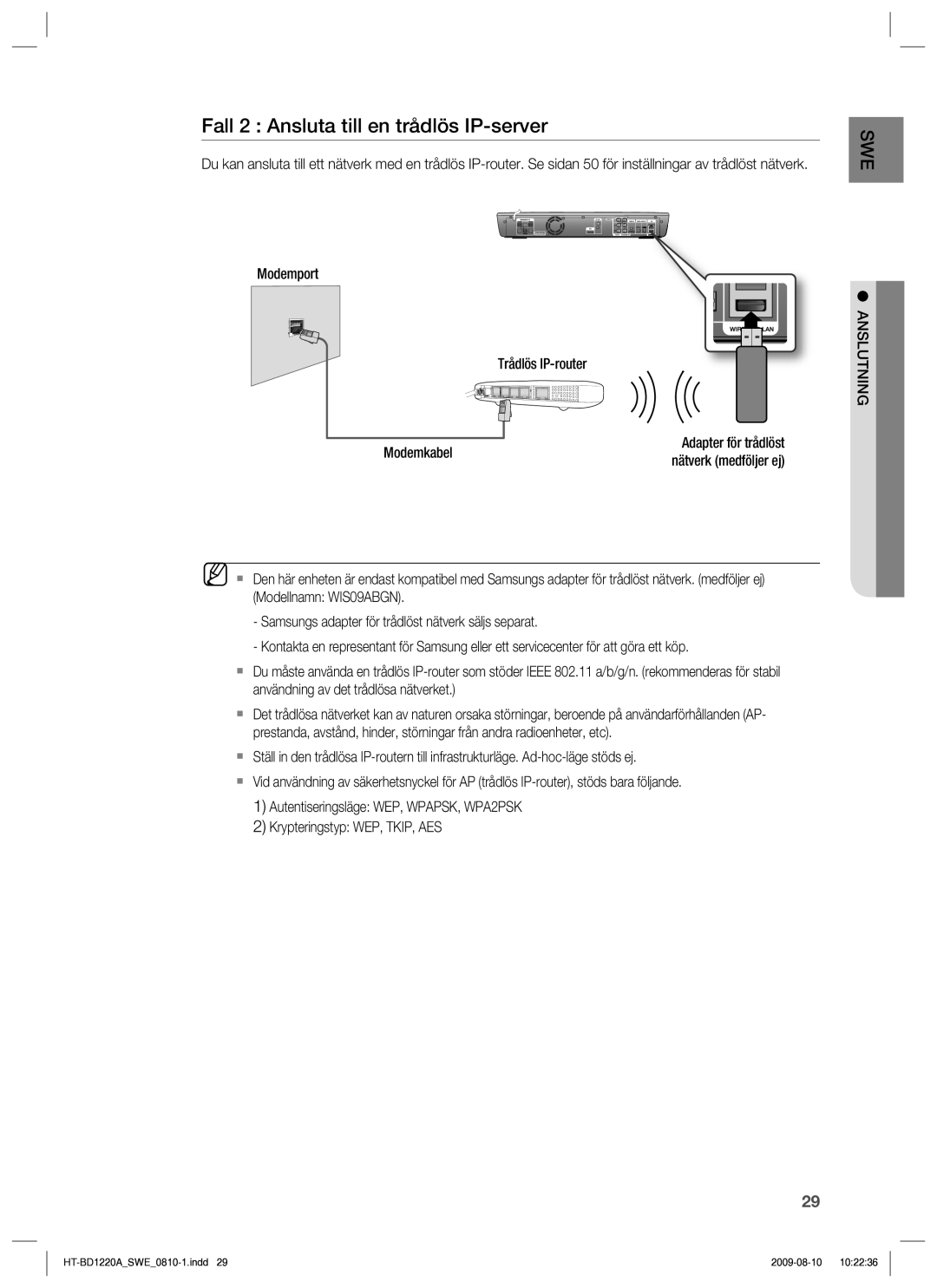 Samsung HT-BD1220R/XEE manual Fall 2 Ansluta till en trådlös IP-server, Modemport Trådlös IP-router Modemkabel 