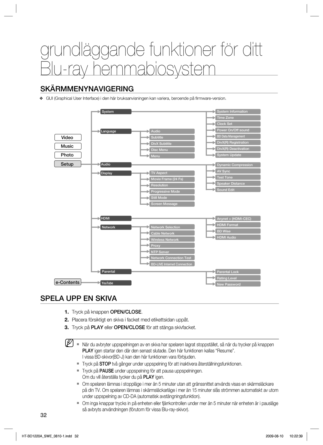 Samsung HT-BD1220R/XEE manual Skärmmenynavigering, Spela UPP EN Skiva 