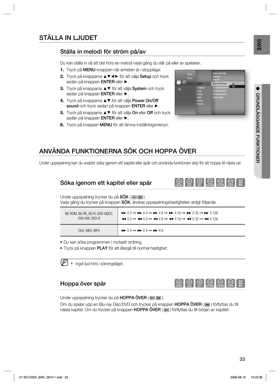 Samsung HT-BD1220R/XEE manual Ställa in Ljudet, Använda Funktionerna SÖK OCH Hoppa Över, Ställa in melodi för ström på/av 