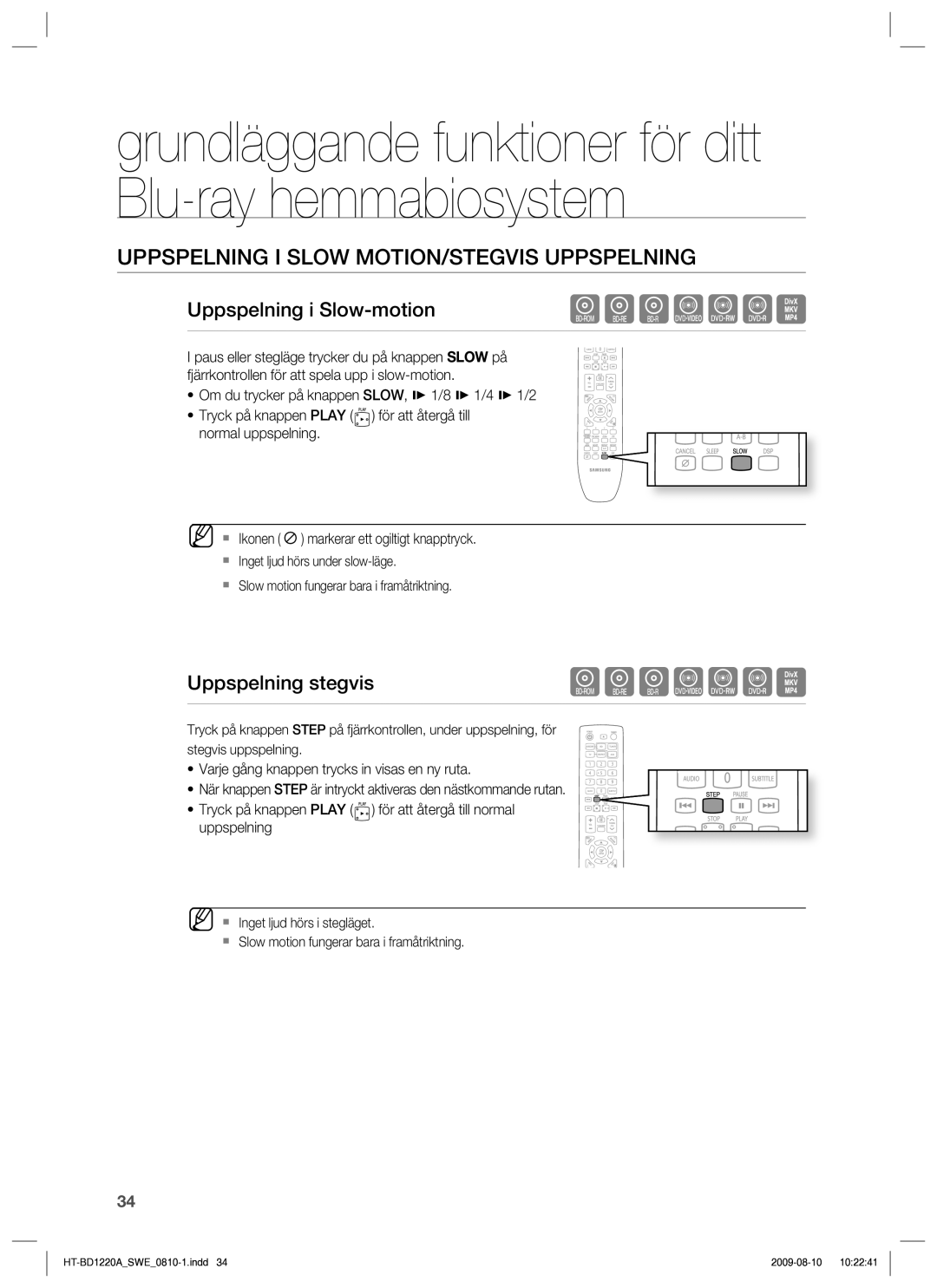 Samsung HT-BD1220R/XEE manual Uppspelning I Slow MOTION/STEGVIS Uppspelning, Uppspelning i Slow-motion, Uppspelning stegvis 