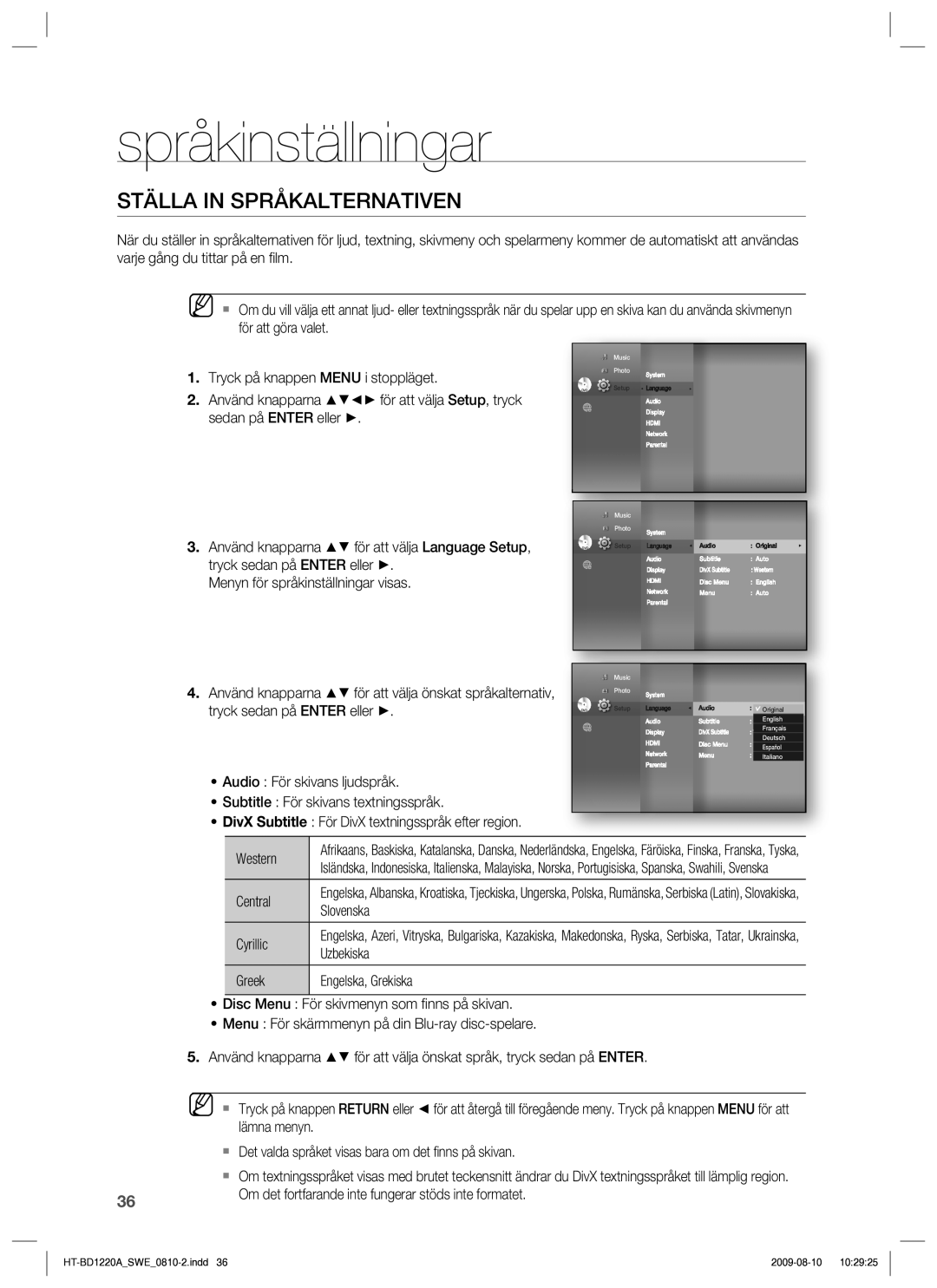 Samsung HT-BD1220R/XEE manual Språkinställningar, Ställa in Språkalternativen, Western 