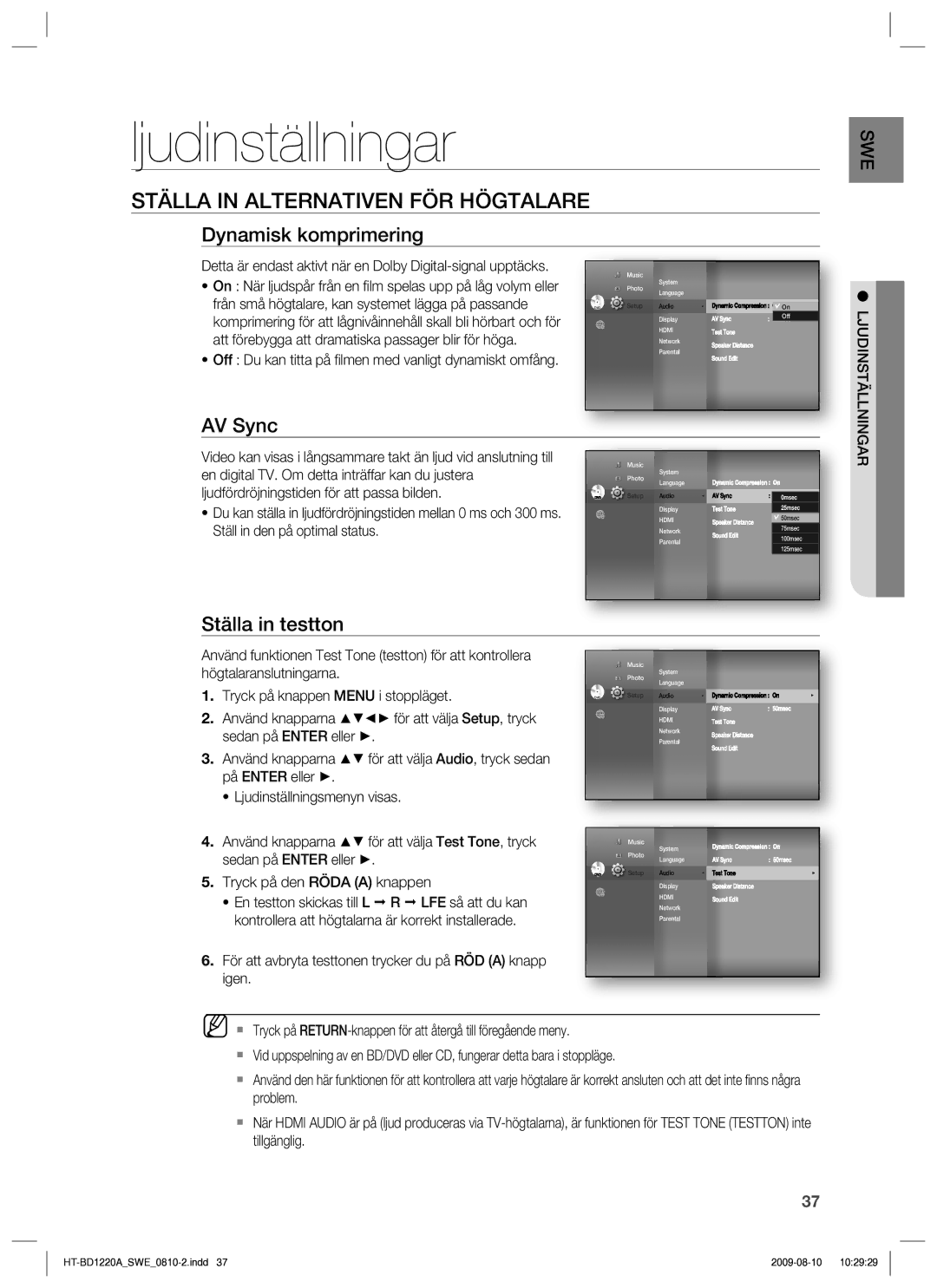 Samsung HT-BD1220R/XEE Ljudinställningar, Ställa in Alternativen FÖR Högtalare, Dynamisk komprimering, Ställa in testton 