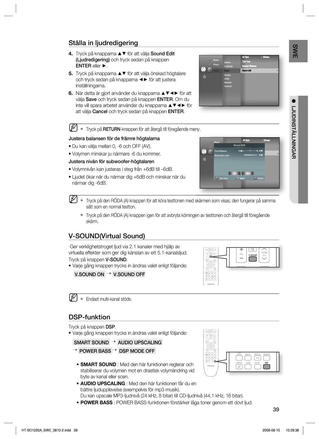 Samsung HT-BD1220R/XEE manual SOUNDVirtual Sound, DSP-funktion, Sound on V.SOUND OFF, Ljudinställningar 