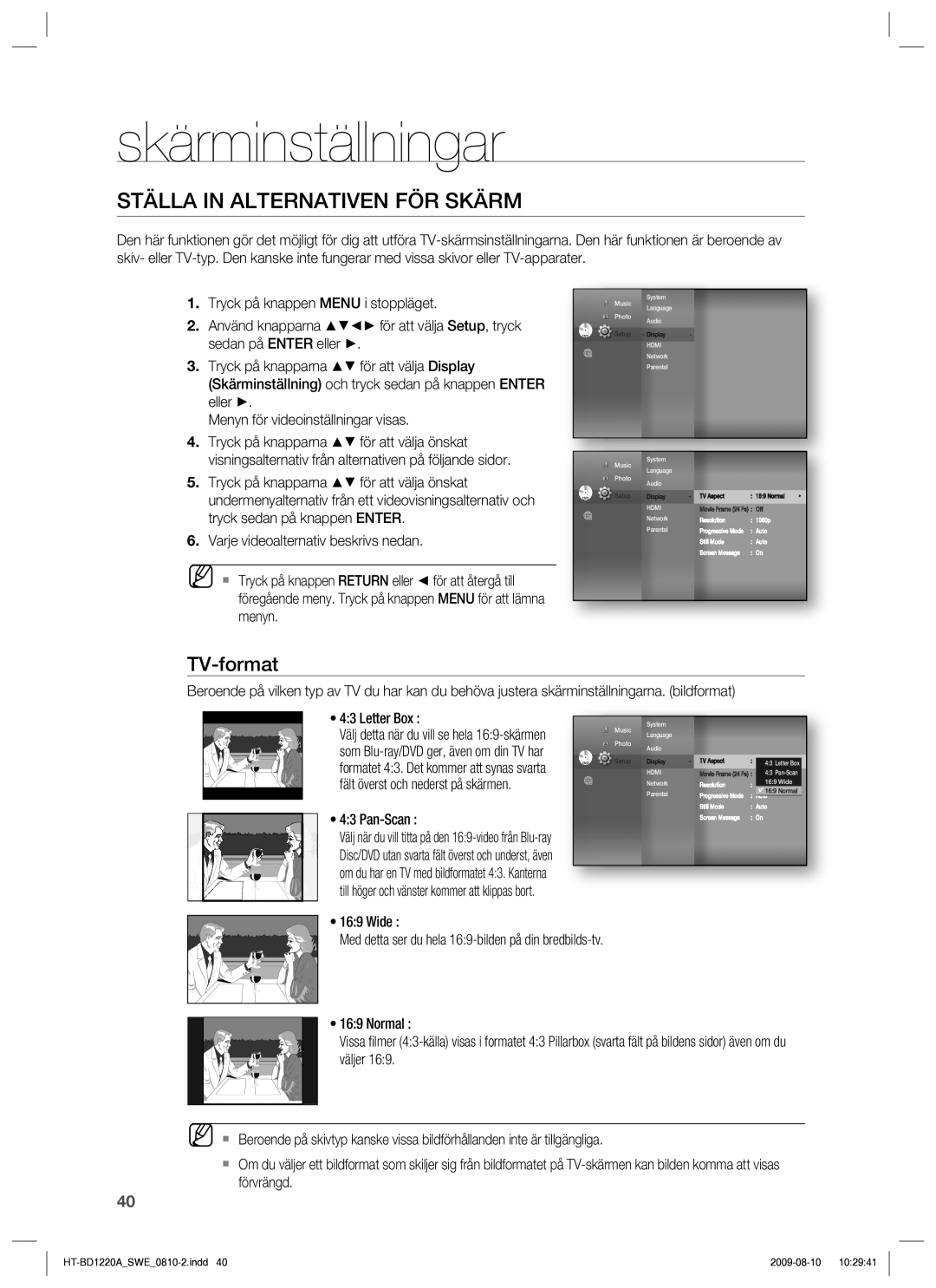 Samsung HT-BD1220R/XEE manual Skärminställningar, Ställa in Alternativen FÖR Skärm, TV-format 