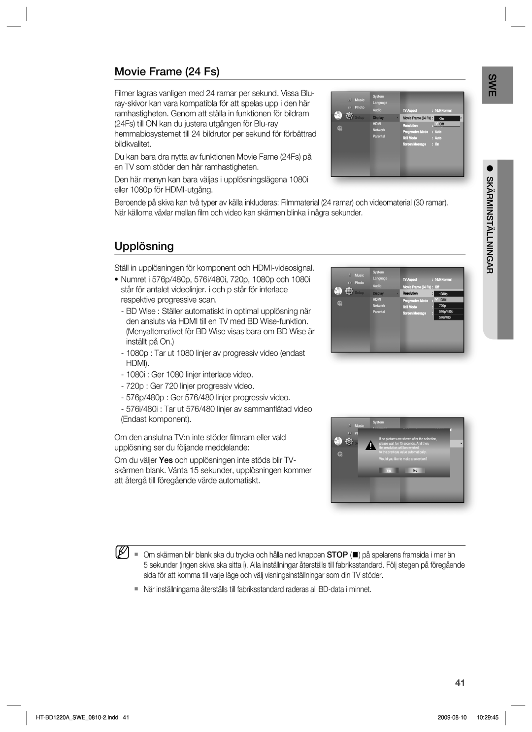 Samsung HT-BD1220R/XEE manual Movie Frame 24 Fs, Upplösning, Ray-skivor kan vara kompatibla för att spelas upp i den här 