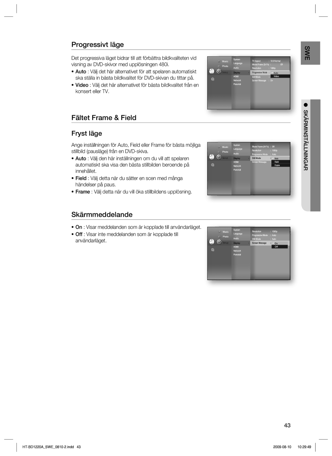 Samsung HT-BD1220R/XEE manual Progressivt läge, Fältet Frame & Field, Skärmmeddelande, Skärminställningar 