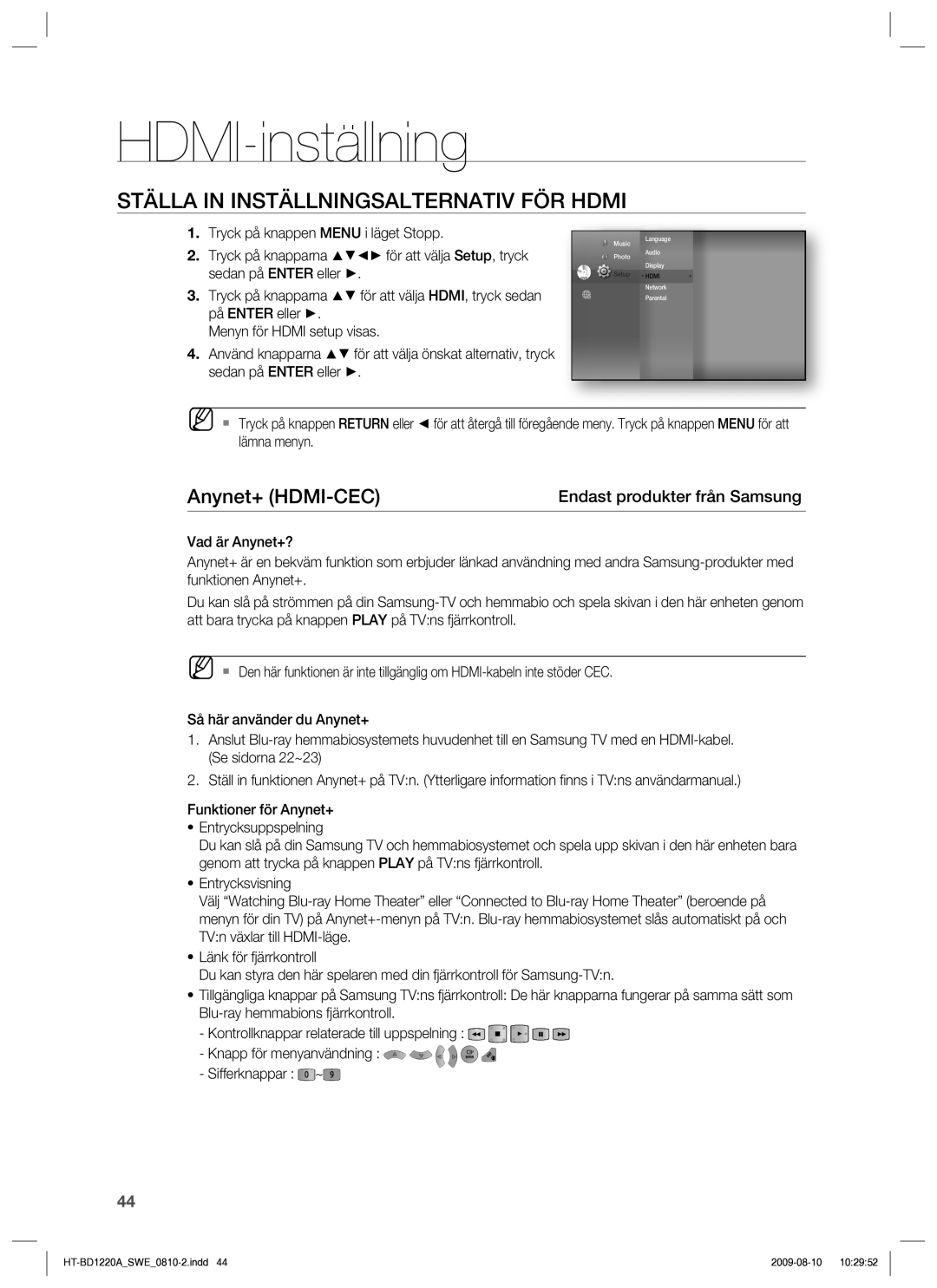 Samsung HT-BD1220R/XEE manual HDMI-inställning, Ställa in Inställningsalternativ FÖR Hdmi, Anynet+ HDMI-CEC 