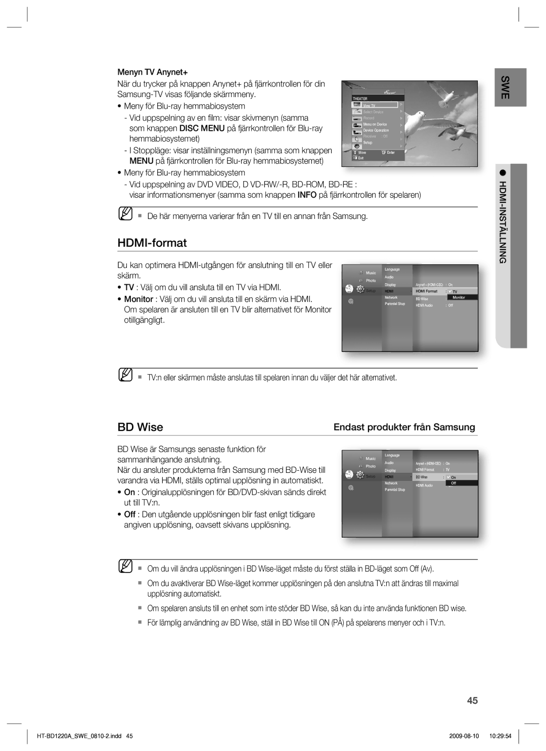 Samsung HT-BD1220R/XEE manual Hdmi-Inställning 