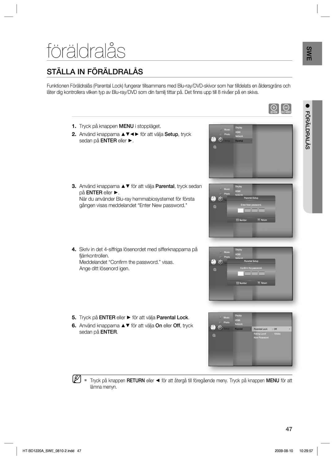 Samsung HT-BD1220R/XEE manual Ställa in Föräldralås 