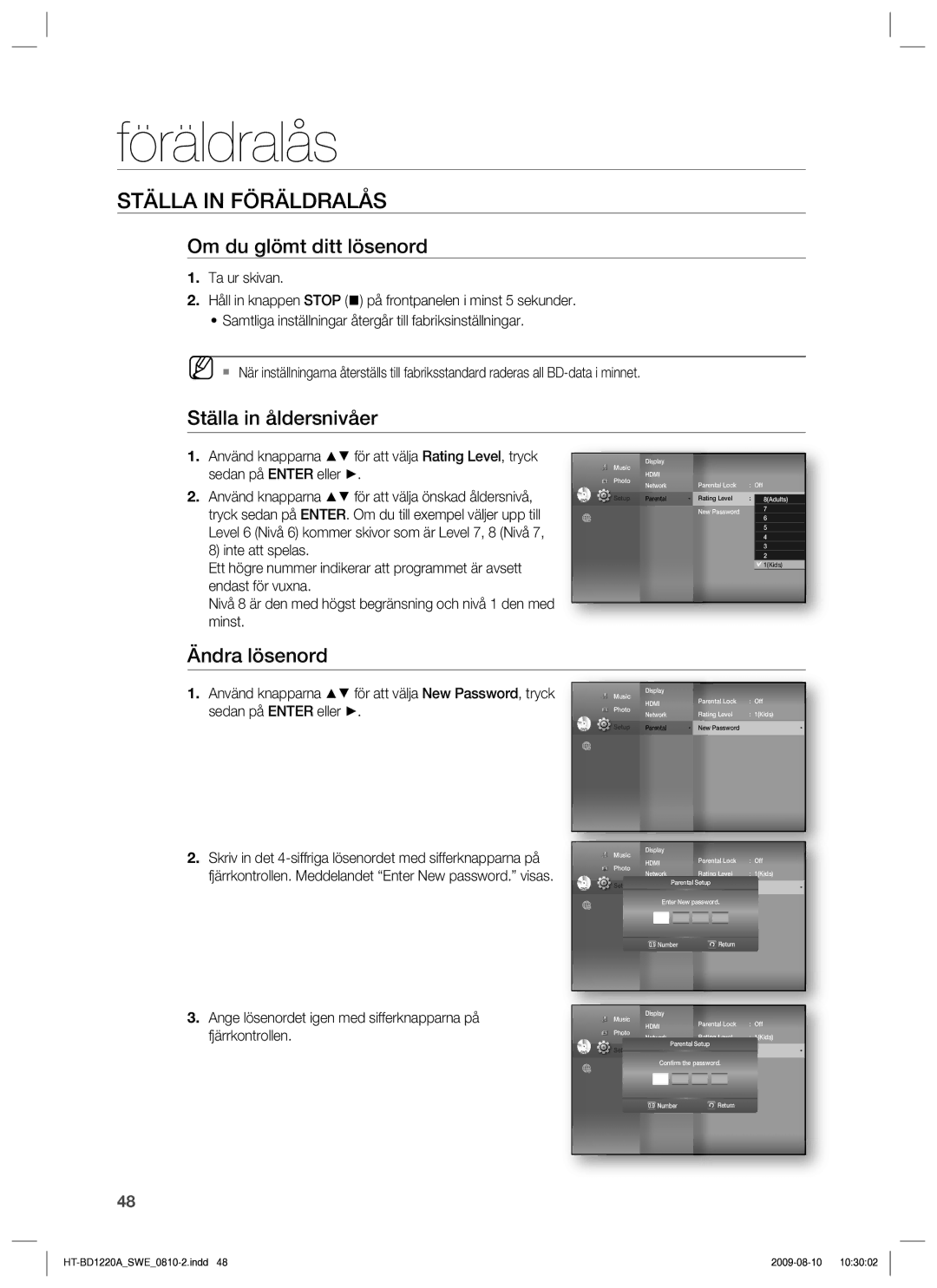 Samsung HT-BD1220R/XEE manual Om du glömt ditt lösenord, Ställa in åldersnivåer, Ändra lösenord 