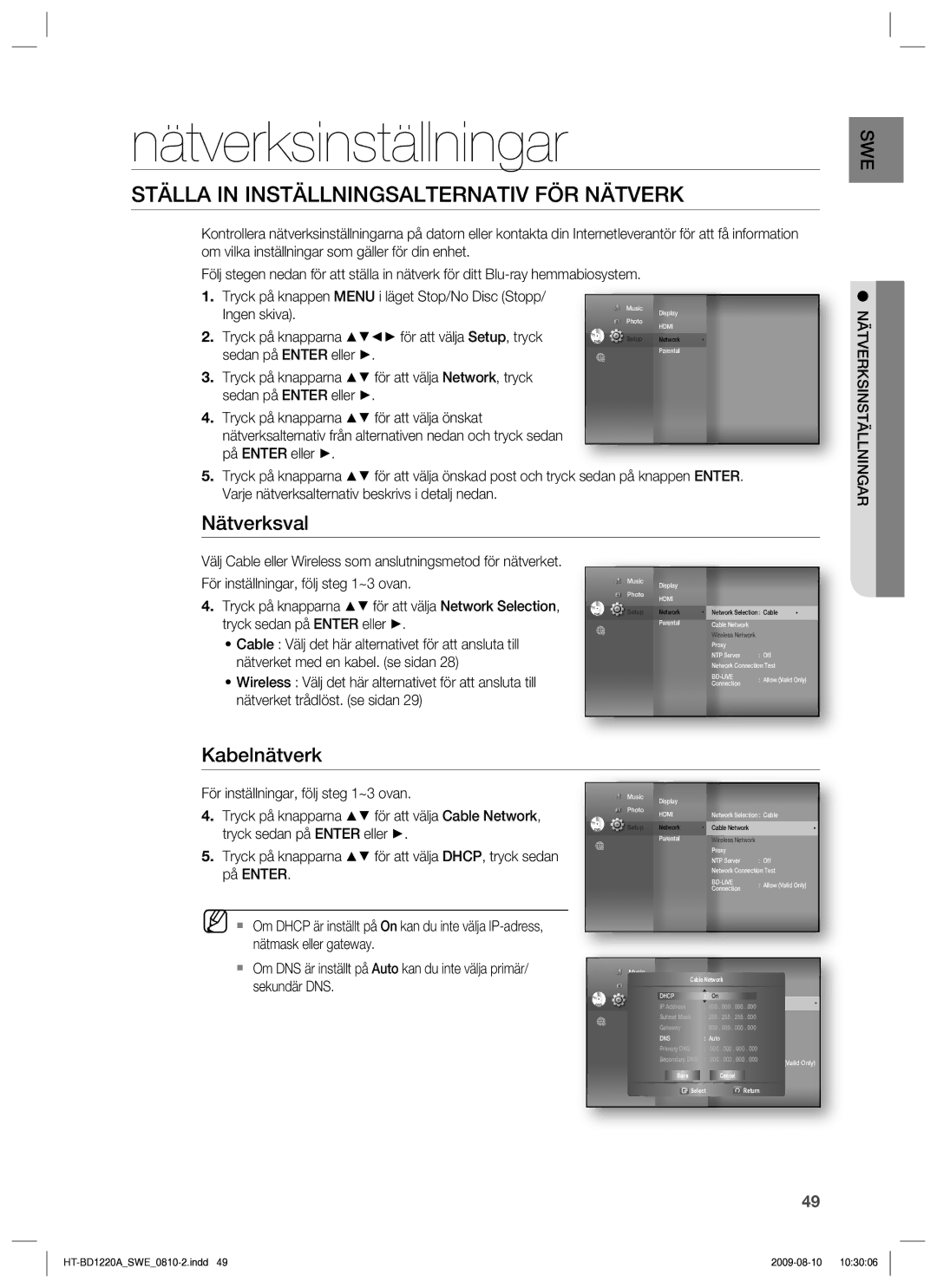 Samsung HT-BD1220R/XEE Nätverksinställningar, Ställa in Inställningsalternativ FÖR Nätverk, Nätverksval, Kabelnätverk 